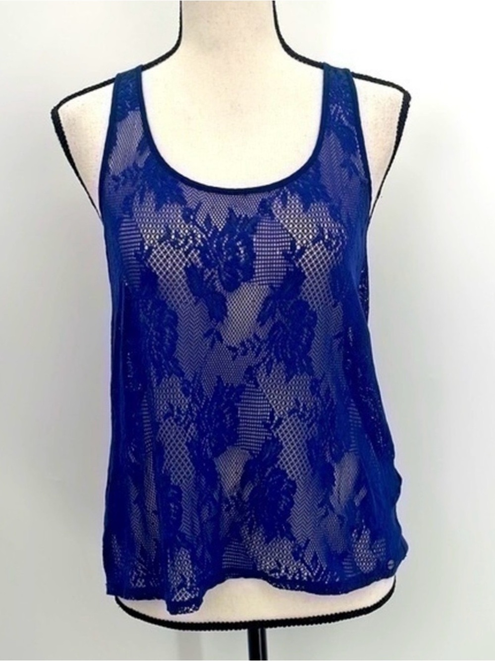 Guess Blue Lace Tank Top with Full Length Exposed  Zipper in Back Women’s Size S